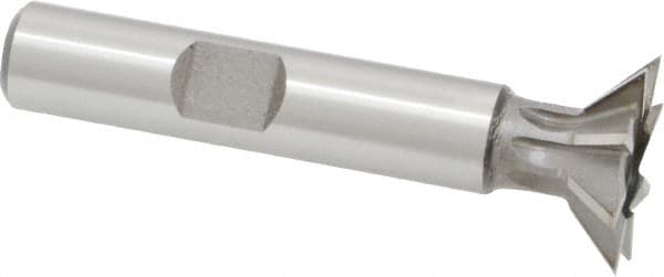 Made in USA - 3/4" Diam x 3/16" Width of Cut, 45° Included Angle, High Speed Steel Dovetail Cutter - 3/8" Shank Diam, 1-15/16" Shank Length, 2-1/8" Overall Length, Weldon Flat, Uncoated - Exact Tooling
