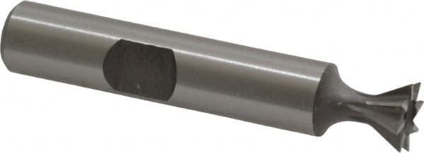 Made in USA - 3/8" Diam x 3/16" Width of Cut, 60° Included Angle, High Speed Steel Dovetail Cutter - 3/8" Shank Diam, 2-1/8" Overall Length, Weldon Flat, Uncoated - Exact Tooling