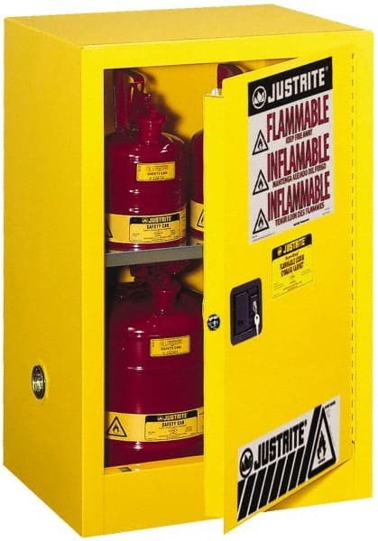 Justrite - 1 Door, 1 Shelf, Yellow Steel Space Saver Safety Cabinet for Flammable and Combustible Liquids - 35" High x 23-1/4" Wide x 18" Deep, Manual Closing Door, 12 Gal Capacity - Exact Tooling