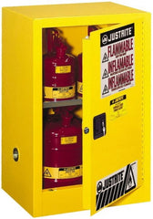 Justrite - 1 Door, 1 Shelf, Yellow Steel Space Saver Safety Cabinet for Flammable and Combustible Liquids - 35" High x 23-1/4" Wide x 18" Deep, Manual Closing Door, 12 Gal Capacity - Exact Tooling