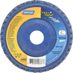 Norton - 60 Grit, 4-1/2" Disc Diam, 7/8" Center Hole, Type 27 Ceramic Flap Disc - 13,000 Max RPM, Plastic Backing, Arbor Attaching System, Coated - Exact Tooling