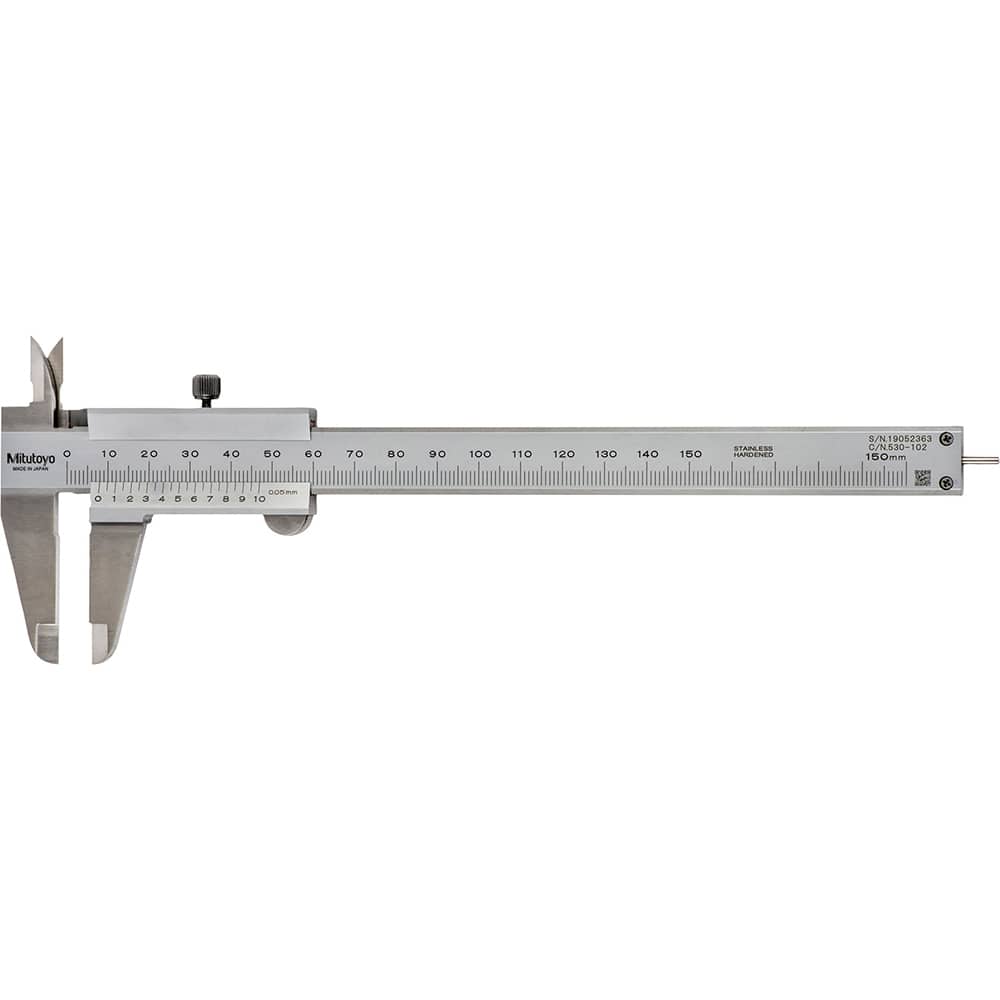 Mitutoyo - Vernier Calipers; Minimum Measurement (Decimal Inch): 0 ; Maximum Measurement (Decimal Inch): 6 ; Maximum Measurement (mm): 150 ; Graduation (mm): 0.05 ; Accuracy (mm): 0.05 ; Calibrated: No - Exact Tooling