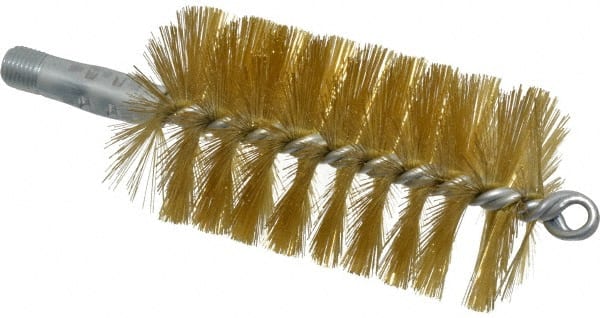 Schaefer Brush - 4-1/2" Brush Length, 2-1/2" Diam, Double Stem, Single Spiral Tube Brush - 8" Long, Brass, 1/4" NPSM Male Connection - Exact Tooling