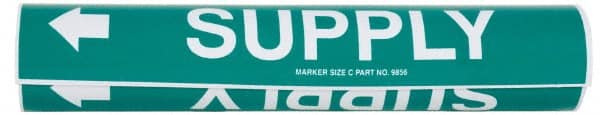 Made in USA - Pipe Marker with Supply Legend and Arrow Graphic - 2-1/2 to 3-1/4" Pipe Outside Diam, White on Green - Exact Tooling