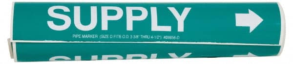 Made in USA - Pipe Marker with Supply Legend and Arrow Graphic - 3-3/8 to 4-1/2" Pipe Outside Diam, White on Green - Exact Tooling
