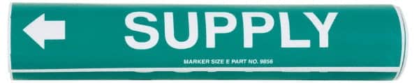 Made in USA - Pipe Marker with Supply Legend and Arrow Graphic - 4-5/8 to 5-7/8" Pipe Outside Diam, White on Green - Exact Tooling