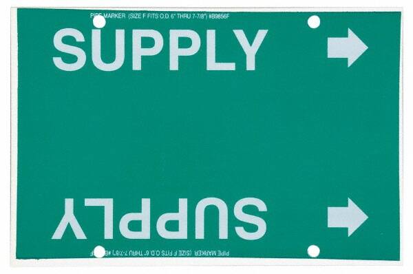 Made in USA - Pipe Marker with Supply Legend and Arrow Graphic - 6 to 8" Pipe Outside Diam, White on Green - Exact Tooling