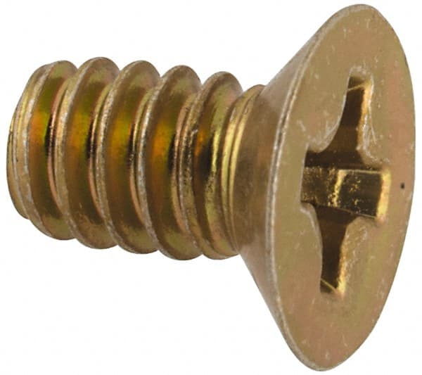 Made in USA - #6-32 UNC, 1/4" OAL Phillips Drive Machine Screw - Flat Head, Grade 3 Steel, Yellow Cadmium-Plated Finish, Without Washer - Exact Tooling