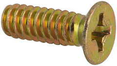 Made in USA - #6-32 UNC, 7/16" OAL Phillips Drive Machine Screw - Flat Head, Grade 3 Steel, Yellow Cadmium-Plated Finish, Without Washer - Exact Tooling