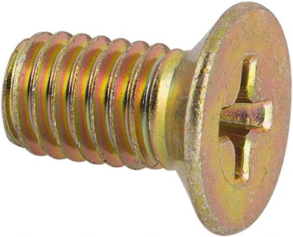 Made in USA - #10-32 UNF, 3/8" OAL Phillips Drive Machine Screw - Flat Head, Grade 3 Steel, Yellow Cadmium-Plated Finish, Without Washer - Exact Tooling