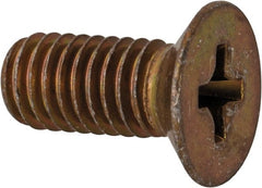 Made in USA - #10-32 UNF, 7/16" OAL Phillips Drive Machine Screw - Flat Head, Grade 3 Steel, Yellow Cadmium-Plated Finish, Without Washer - Exact Tooling