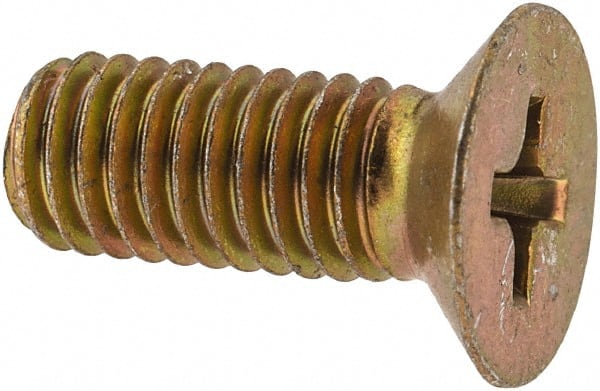 Made in USA - #10-32 UNF, 1/2" OAL Phillips Drive Machine Screw - Flat Head, Grade 3 Steel, Yellow Cadmium-Plated Finish, Without Washer - Exact Tooling