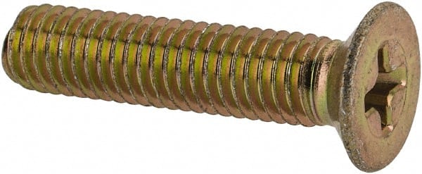 Made in USA - #10-32 UNF, 7/8" OAL Phillips Drive Machine Screw - Flat Head, Grade 3 Steel, Yellow Cadmium-Plated Finish, Without Washer - Exact Tooling