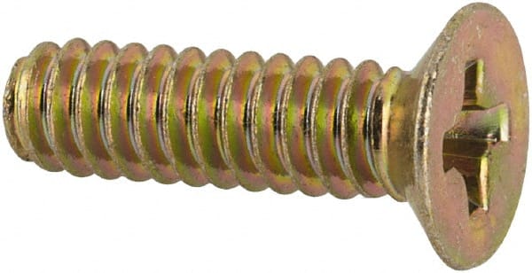 Made in USA - #6-32 UNC, 1/2" OAL Phillips Drive Machine Screw - Flat Head, Grade 3 Steel, Yellow Cadmium-Plated Finish, Without Washer - Exact Tooling