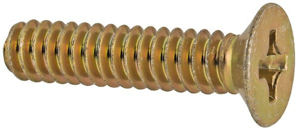 Made in USA - #6-32 UNC, 5/8" OAL Phillips Drive Machine Screw - Flat Head, Grade 3 Steel, Yellow Cadmium-Plated Finish, Without Washer - Exact Tooling