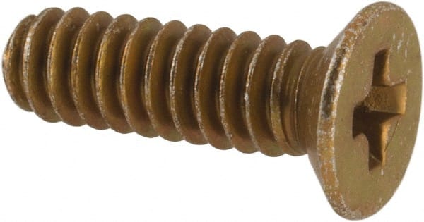Made in USA - #4-40 UNC, 3/8" OAL Phillips Drive Machine Screw - Flat Head, Grade 3 Steel, Yellow Cadmium-Plated Finish, Without Washer - Exact Tooling