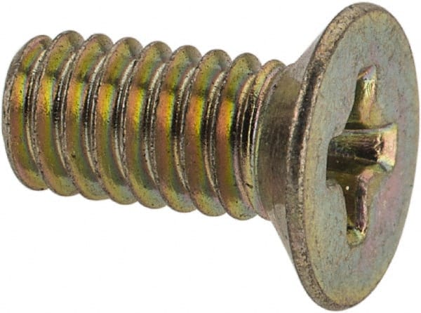 Value Collection - #8-32 UNC, 3/8" OAL Phillips Drive Machine Screw - Flat Head, Grade 3 Steel, Yellow Cadmium-Plated Finish, Without Washer - Exact Tooling