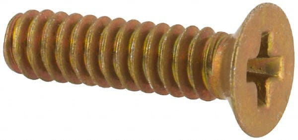 Made in USA - #4-40 UNC, 7/16" OAL Phillips Drive Machine Screw - Flat Head, Grade 3 Steel, Yellow Cadmium-Plated Finish, Without Washer - Exact Tooling