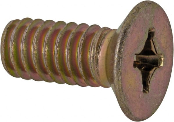 Made in USA - 1/4-20 UNC, 5/8" OAL Phillips Drive Machine Screw - Flat Head, Grade 3 Steel, Yellow Cadmium-Plated Finish, Without Washer - Exact Tooling