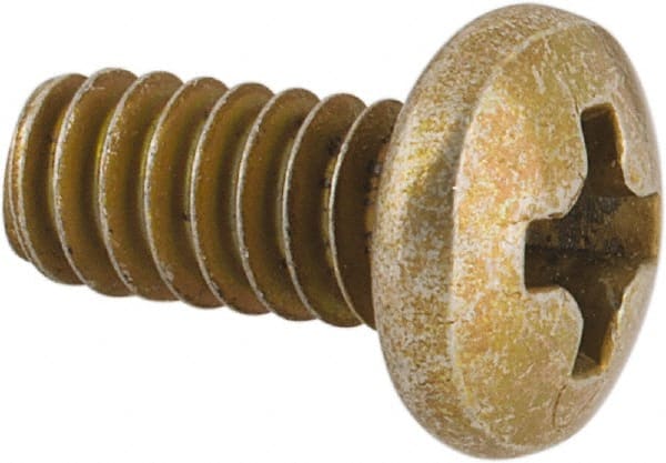 Made in USA - #6-32 UNC, 5/16" Length Under Head Phillips Drive Machine Screw - Pan Head, Grade 3 Steel, Yellow Cadmium-Plated Finish, Without Washer - Exact Tooling