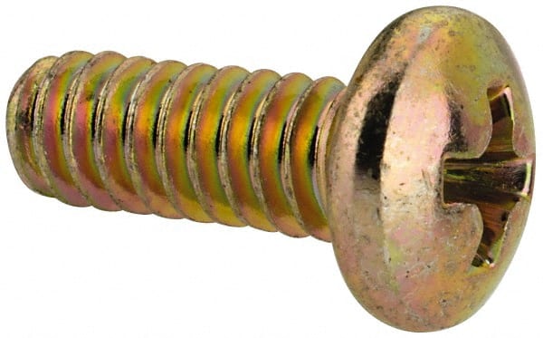 Made in USA - #10-24 UNC, 1/2" Length Under Head Phillips Drive Machine Screw - Pan Head, Grade 3 Steel, Yellow Cadmium-Plated Finish, Without Washer - Exact Tooling