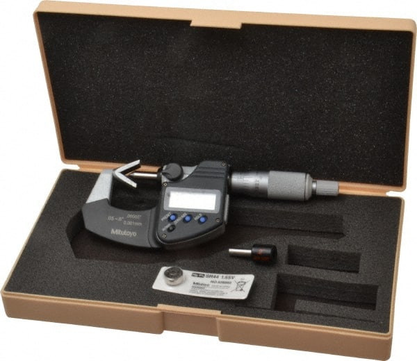 Mitutoyo - 0.05 to 0.6 Inch Measurement, Accuracy Up to 4 micro m, 3 Flutes Measured, Ratchet Stop Thimble, Electronic V Anvil Micrometer - 0.0001 Inch Resolution, Carbide, Data Output, SR44 Battery - Exact Tooling