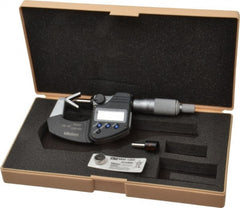Mitutoyo - 0.05 to 0.6 Inch Measurement, Accuracy Up to 4 micro m, 3 Flutes Measured, Ratchet Stop Thimble, Electronic V Anvil Micrometer - 0.0001 Inch Resolution, Carbide, Data Output, SR44 Battery - Exact Tooling