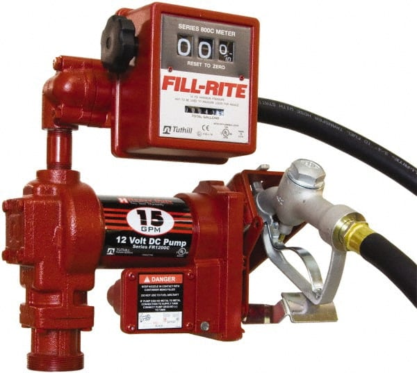 Tuthill - 15 GPM, 3/4" Hose Diam, DC Tank Pump with Manual Nozzle & 807C Meter - 1" Inlet, 3/4" Outlet, 12 Volts, 12' Hose Length, 1/4 hp - Exact Tooling