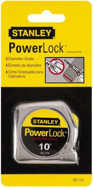 Stanley - 10' x 1/4" Yellow Blade Tape Measure - 1/32 & 1/16" Graduation, Inch Graduation Style, Silver Case - Exact Tooling
