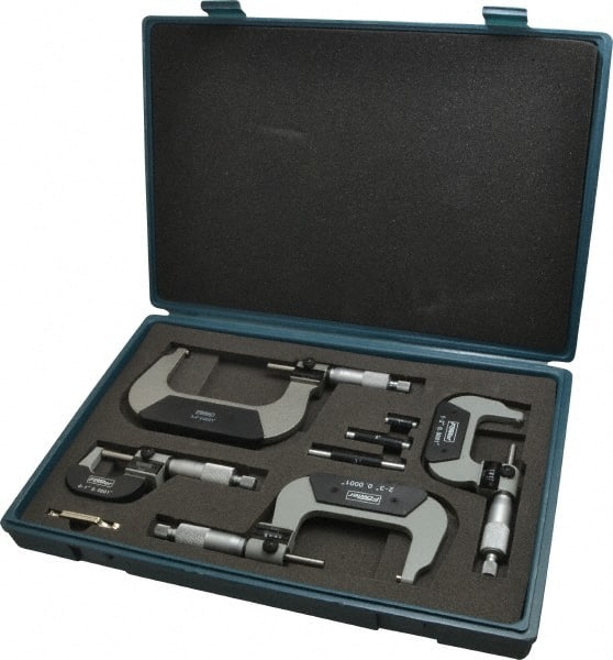 Fowler - 0 to 4" Range, Mechanical Outside Micrometer Set - 0.0001" Graduation, 0.00016" Accuracy, Ratchet Stop Thimble - Exact Tooling