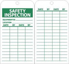 NMC - 3" High x 6" Long, SAFETY INSPECTION, English Safety & Facility Lockout Tag - Tag Header: Notice, 2 Sides, Green & White Unrippable Vinyl - Exact Tooling