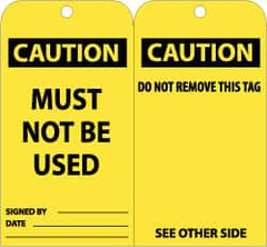 NMC - 3" High x 6" Long, CAUTION - MUST NOT BE USED, English Safety & Facility Lockout Tag - Tag Header: CAUTION, 2 Sides, Black & Yellow Unrippable Vinyl - Exact Tooling