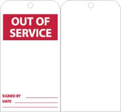NMC - 3" High x 6" Long, OUT OF SERVICE, English Safety & Facility Lockout Tag - Tag Header: Notice, 2 Sides, Red & White Unrippable Vinyl - Exact Tooling