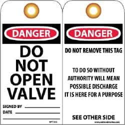 NMC - 3" High x 6" Long, DANGER - DO NOT OPEN VALVE, English Safety & Facility Lockout Tag - Tag Header: Danger, 2 Sides, Black, Red & White Unrippable Vinyl - Exact Tooling