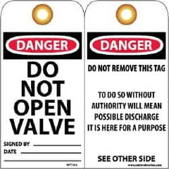 NMC - 3" High x 6" Long, DANGER - DO NOT OPEN VALVE, English Safety & Facility Lockout Tag - Tag Header: Danger, 2 Sides, Black, Red & White Unrippable Vinyl - Exact Tooling