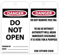 NMC - 3" High x 6" Long, DANGER - DO NOT OPEN, English Safety & Facility Lockout Tag - Tag Header: Danger, 2 Sides, Black, Red & White Unrippable Vinyl - Exact Tooling
