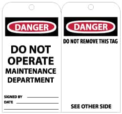 NMC - 3" High x 6" Long, DANGER - DO NOT OPERATE - MAINTENANCE DEPARTMENT, English Safety & Facility Lockout Tag - Tag Header: Danger, 2 Sides, Black, Red & White Unrippable Vinyl - Exact Tooling