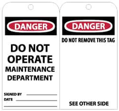 NMC - 3" High x 6" Long, DANGER - DO NOT OPERATE - MAINTENANCE DEPARTMENT, English Safety & Facility Lockout Tag - Tag Header: Danger, 2 Sides, Black, Red & White Unrippable Vinyl - Exact Tooling