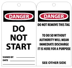 NMC - 3" High x 6" Long, DANGER - DO NOT START, English Safety & Facility Lockout Tag - Tag Header: Danger, 2 Sides, Black, Red & White Unrippable Vinyl - Exact Tooling