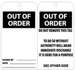 NMC - 3" High x 6" Long, OUT OF ORDER, English Safety & Facility Lockout Tag - Tag Header: CAUTION, 2 Sides, Black & White Unrippable Vinyl - Exact Tooling