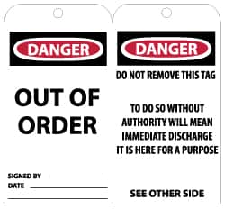 NMC - 3" High x 6" Long, DANGER - OUT OF ORDER, English Safety & Facility Lockout Tag - Tag Header: Danger, 2 Sides, Black, Red & White Unrippable Vinyl - Exact Tooling