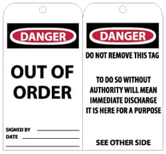 NMC - 3" High x 6" Long, DANGER - OUT OF ORDER, English Safety & Facility Lockout Tag - Tag Header: Danger, 2 Sides, Black, Red & White Unrippable Vinyl - Exact Tooling