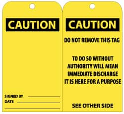 NMC - 3" High x 6" Long, CAUTION, English Safety & Facility Lockout Tag - Tag Header: CAUTION, 2 Sides, Black & Yellow Unrippable Vinyl - Exact Tooling