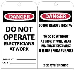 NMC - 3" High x 6" Long, DANGER - DO NOT OPERATE - ELECTRICIANS AT WORK, English Safety & Facility Lockout Tag - Tag Header: Danger, 2 Sides, Black, Red & White Unrippable Vinyl - Exact Tooling