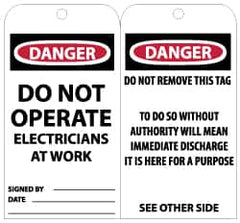 NMC - 3" High x 6" Long, DANGER - DO NOT OPERATE - ELECTRICIANS AT WORK, English Safety & Facility Lockout Tag - Tag Header: Danger, 2 Sides, Black, Red & White Unrippable Vinyl - Exact Tooling