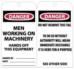 NMC - 3" High x 6" Long, DANGER - MEN WORKING ON MACHINERY - HANDS OFF THIS EQUIPMENT, English Safety & Facility Lockout Tag - Tag Header: Danger, 2 Sides, Black, Red & White Unrippable Vinyl - Exact Tooling