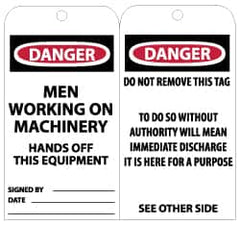 NMC - 3" High x 6" Long, DANGER - MEN WORKING ON MACHINERY - HANDS OFF THIS EQUIPMENT, English Safety & Facility Lockout Tag - Tag Header: Danger, 2 Sides, Black, Red & White Unrippable Vinyl - Exact Tooling