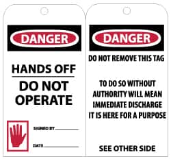 NMC - 3" High x 6" Long, DANGER - HANDS OFF - DO NOT OPERATE, English Safety & Facility Lockout Tag - Tag Header: Danger, 2 Sides, Black, Red & White Unrippable Vinyl - Exact Tooling