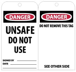NMC - 3" High x 6" Long, DANGER - UNSAFE DO NOT USE, English Safety & Facility Lockout Tag - Tag Header: Danger, 2 Sides, Black, Red & White Unrippable Vinyl - Exact Tooling