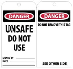 NMC - 3" High x 6" Long, DANGER - UNSAFE DO NOT USE, English Safety & Facility Lockout Tag - Tag Header: Danger, 2 Sides, Black, Red & White Unrippable Vinyl - Exact Tooling
